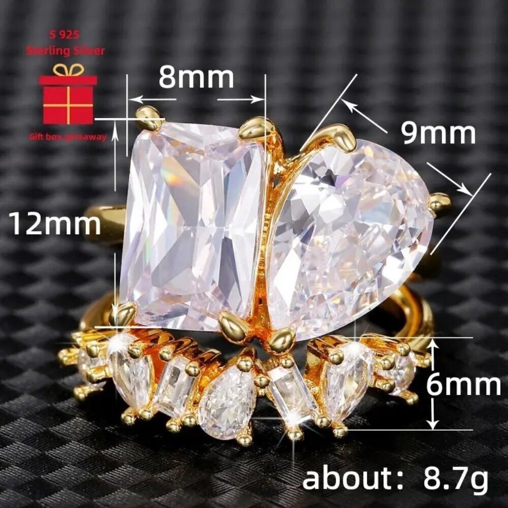 Emerald Cut & Teardrop Pear CZ Crystal Engagement Wedding Ring Set Size 7 - Picture 6 of 6